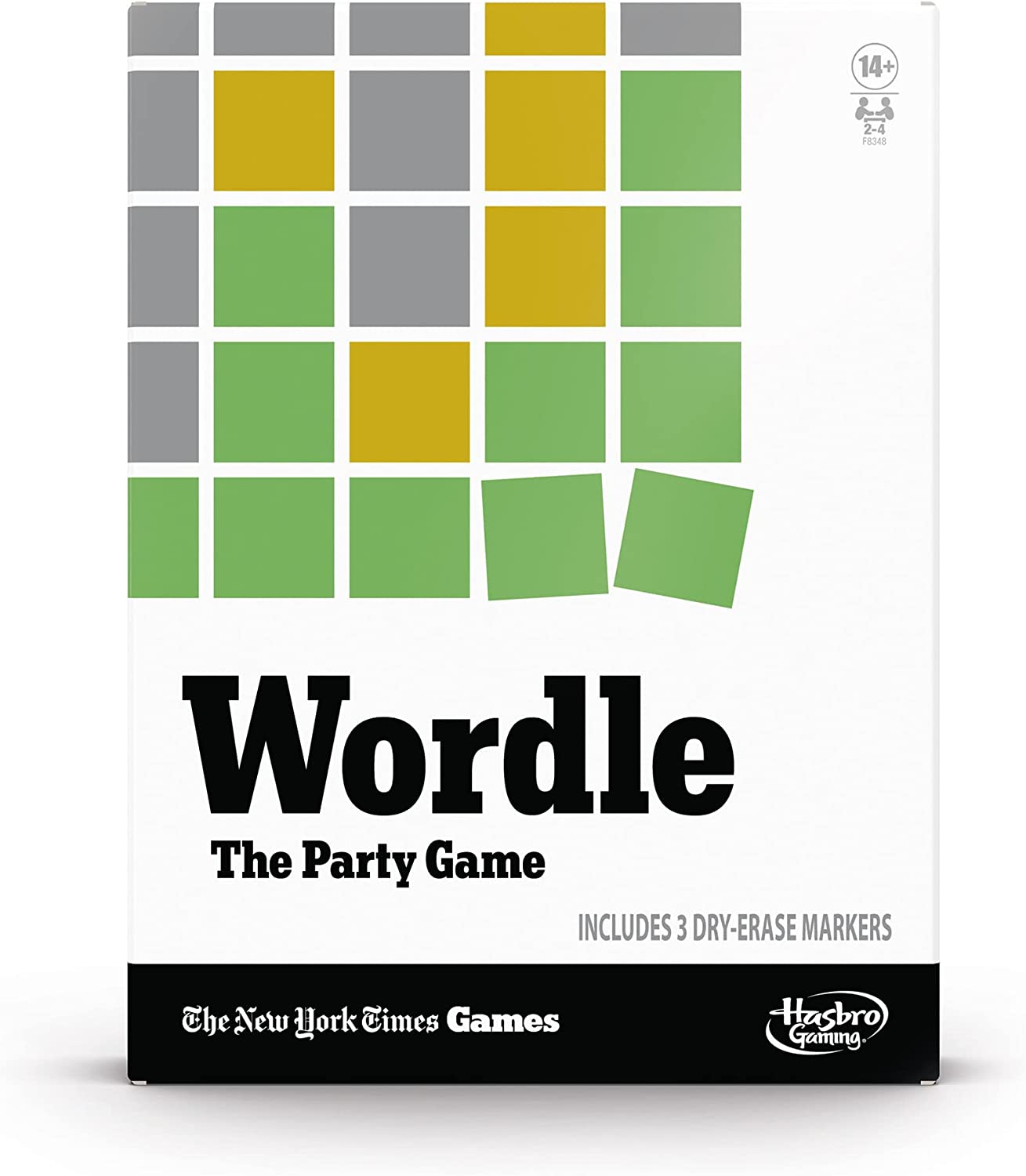 1 game (3 Wordle boards, 3 shields, 1 Secret Word board, 3 dry-erase markers, 45 green tiles, 45 yellow tiles, 1 game guide (6 pages : illustrations ; 22 cm) : plastic, cardboard, card stock, color ; in container 27 x 21 x 5 cm