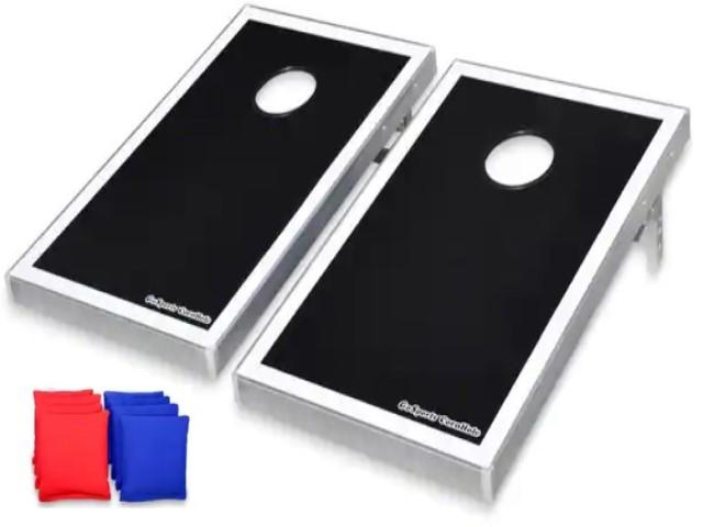 2 cornhole boards (36 x 24 in.), 8 bean bags (4 red, 4 blue) : wood, aluminum, fabric ; in fabric carrying case (35 x 23 in.) + 1 instruction sheet.
