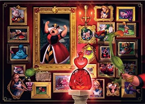 Assemble this 1000-piece puzzle to reveal the villainous Queen of Hearts and other characters from Disney`s Alice in Wonderland.