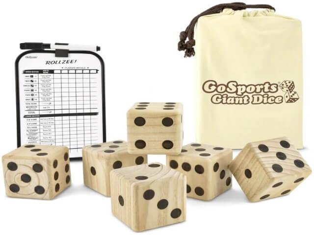 6 giant wooden dice, 1 black marker, 1 double-sided Rollzzee and Farkle dry erase board, 1 instructions sheet : wood, plastic ; in beige canvas bag (16 x 10 in.)