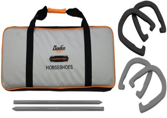  4 horseshoes, 2 steel stakes (24 in.) : gray, black, forged steel ; in fabric carry bag (26 x 10 x 2 in.)