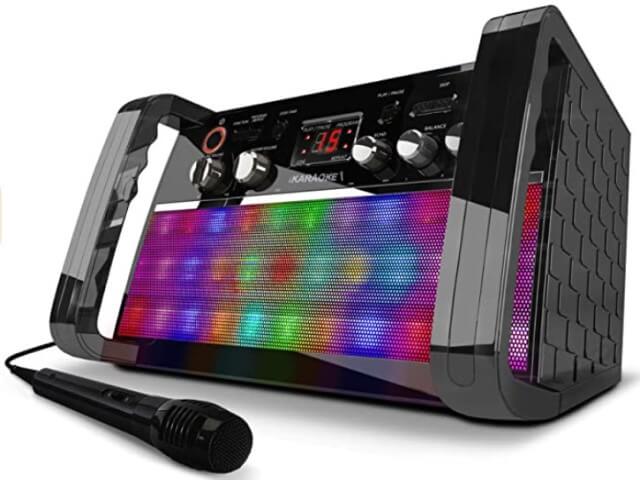 Model: KS214B-B. Bluetooth; iPad / tablet cradle ; top load CD+G mechanism ; built-in Bluetooth receiver ; LED display ; multi-color disco light effects with equalizer ; echo control ; built-in speakers ; two microphone jacks video output for TV connection ; audio output ; compatible to CD/CDG/CDR