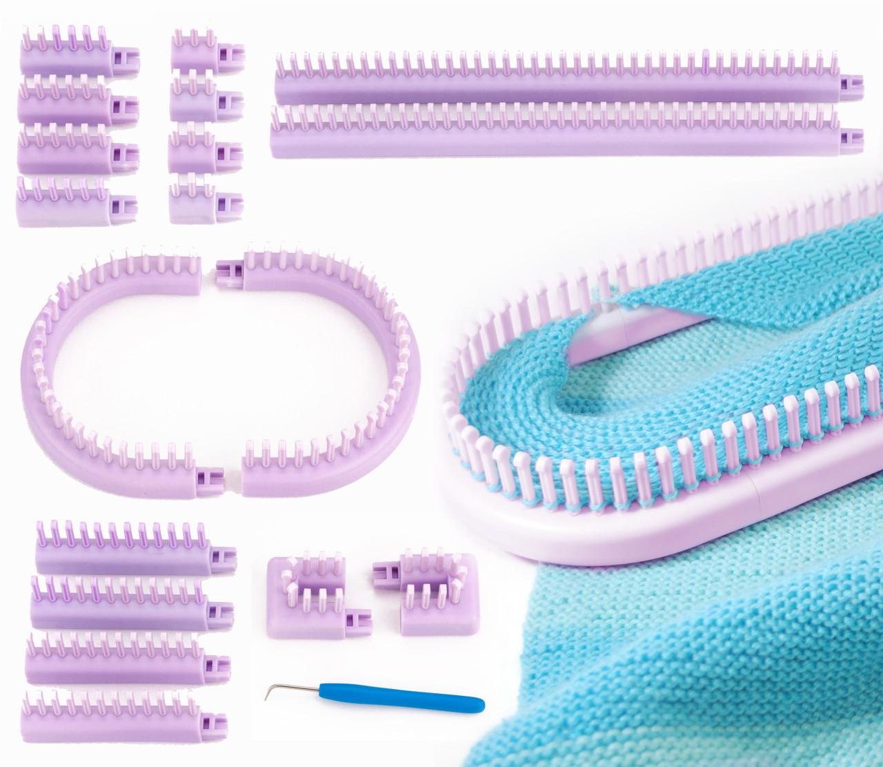 The loom knitting kit includs 18 parts that can be set up in numerous configurations.