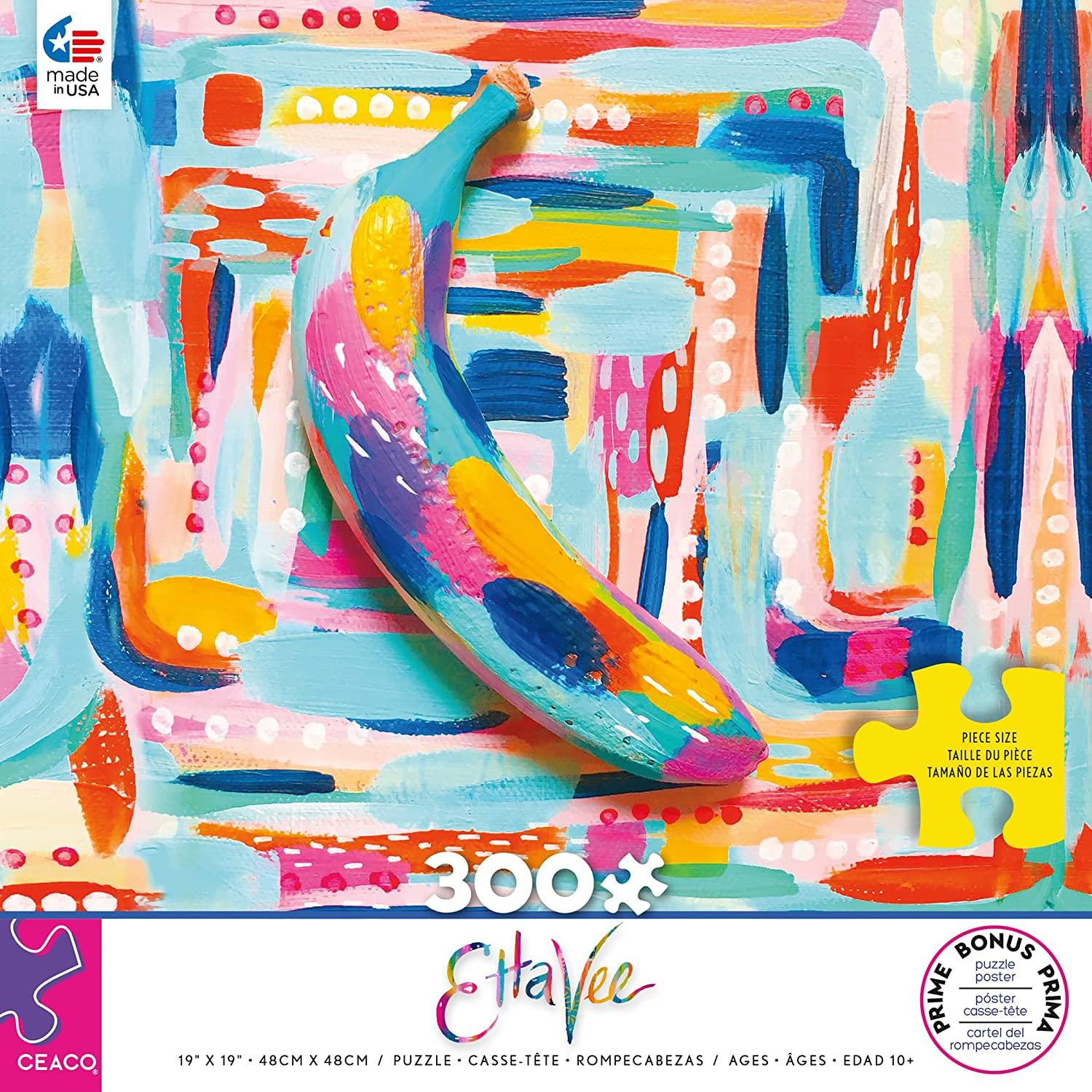 This 300 oversized piece Etta Vee puzzle features a bold and vibrantly colorful abstract pattern with a banana in the center. Artist, designer, social media influencer, Jessi Raulet, has become well known for her hand-painted designs. Etta Vee is her lifestyle brand that expresses optimism and joy through color.