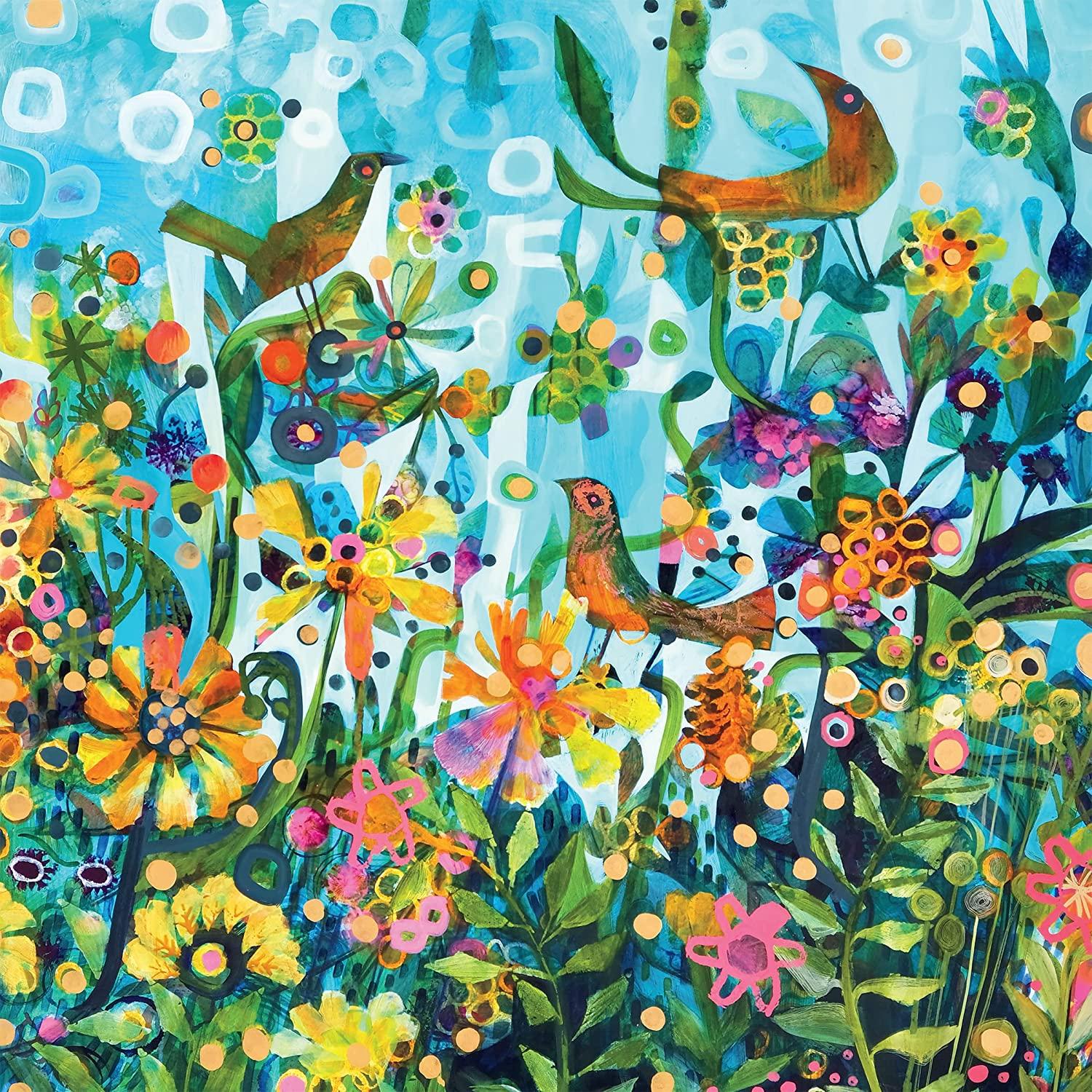 This colorful 300 oversized piece puzzle features a bold painting by, Este Macleod, of birds and flowers creating a vibrant pattern.