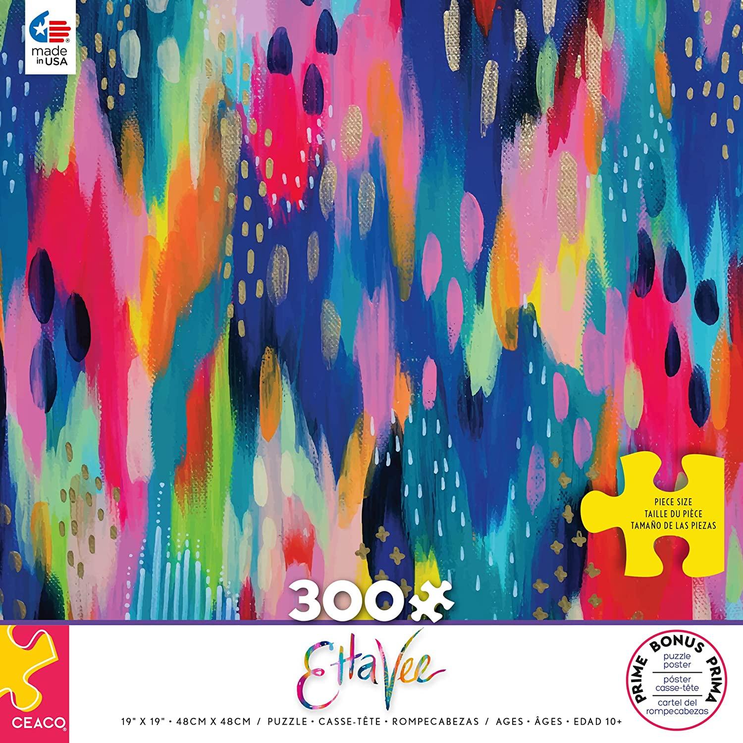 This 300 oversized piece Etta Vee puzzle features a bold and vibrantly colorful abstract pattern. Artist, designer, social media influencer, Jessi Raulet, has become well known for her hand-painted designs. Etta Vee is her lifestyle brand that expresses optimism and joy through color.