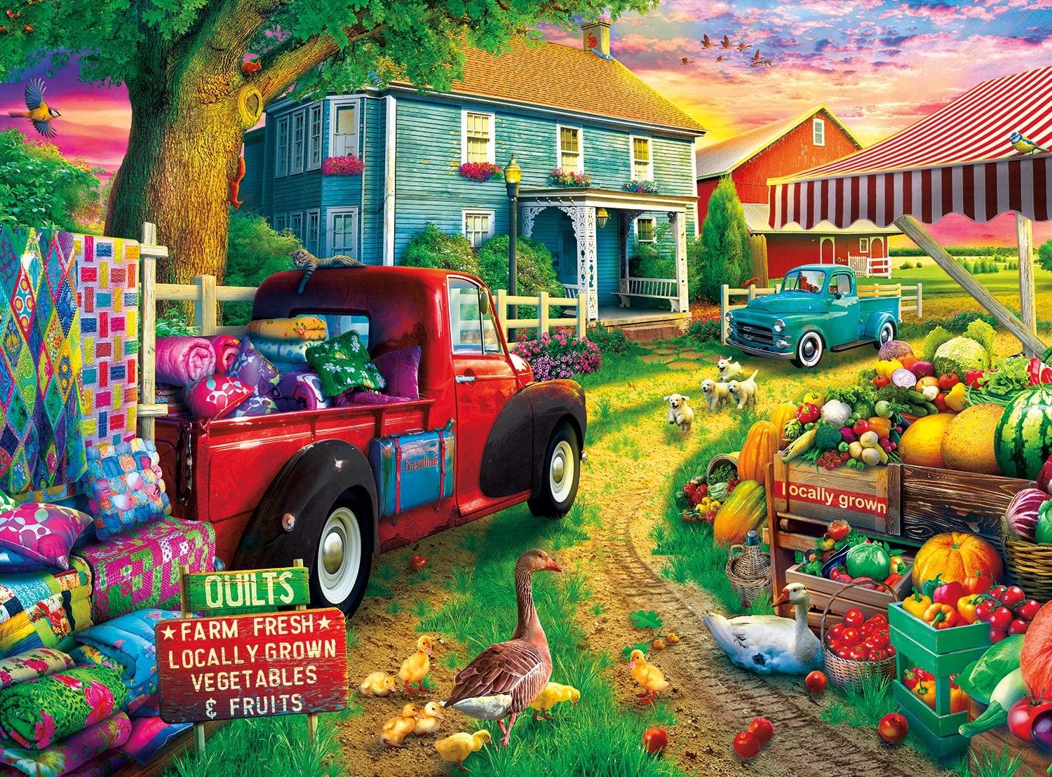 In this bright and colorful puzzle, a classic red pick up truck carries an array of homemade quilts. Enjoy piecing together this colorful and detailed puzzle. This puzzle contains 300 large pieces, as is titled Quilt Farm by Buffalo Games.