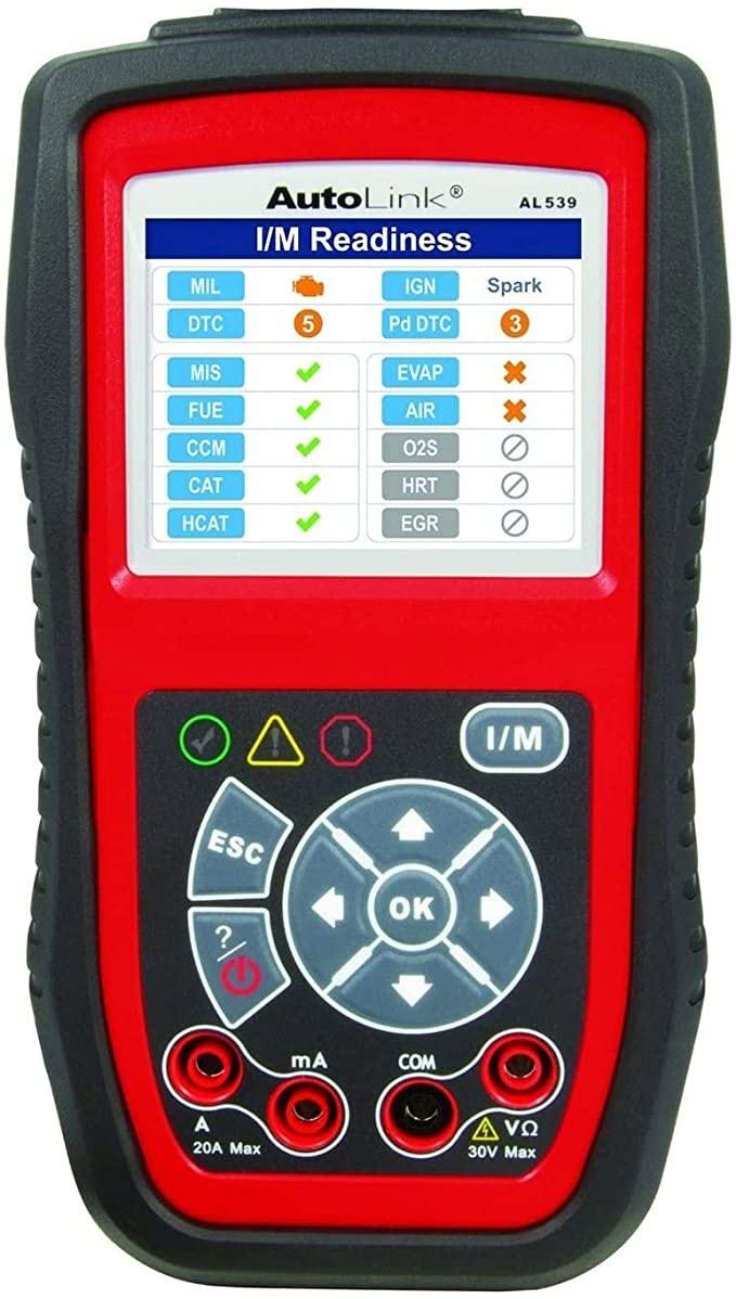 The AutoLINK AL539 is an engine code reader and electrical testing tool. It can read and erase engine codes, display live and freeze frame data, supports all 10 OBDII test modes, and has one-click I/M readiness/emissions testing.