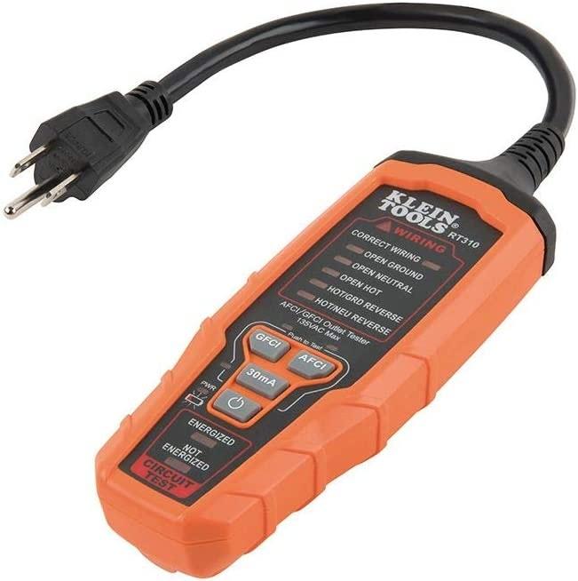 RT310 is an electrical tester that tests the wiring condition at an electrical outlet, and inspects and checks AFCI and GFCI devices. It is designed for use with North American 120V electrical outlets. It can detect and identify common wiring faults.