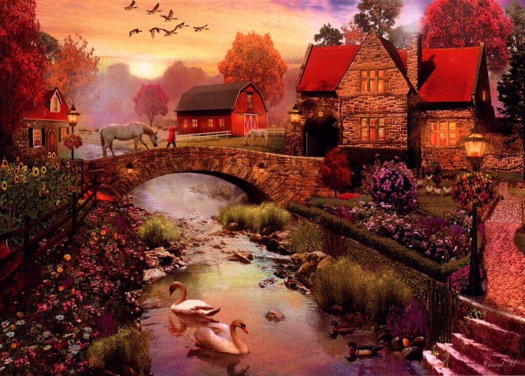 1000 piece jigsaw puzzle depicting a barn, stream, bridge, animals and farmhouse.