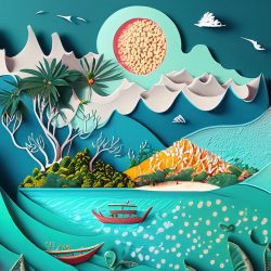 A tropical island with mountains and a lagoon made with a papercraft style.