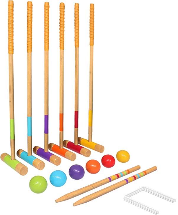 The croquet set includes 6 color mallets, 6 balls, 9 wickets, 2 end posts and rules. It