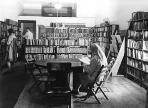 Library building interior, 1944. Black and white.