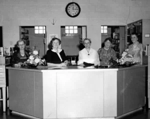Library staff, circa 1950: (left to right)
Ruth Carlson, Irma Schlemmer (head
librarian), Meta Bittner, Bertha
Ehard, and Dorothy Kester
(Library board president).