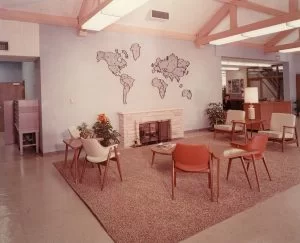 Library lobby area with fireplace, 1962.