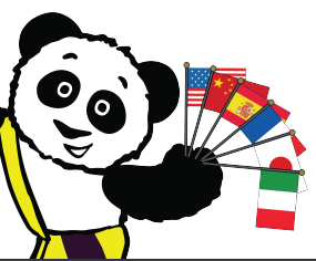 Little Pim Panda waving multiple country flags