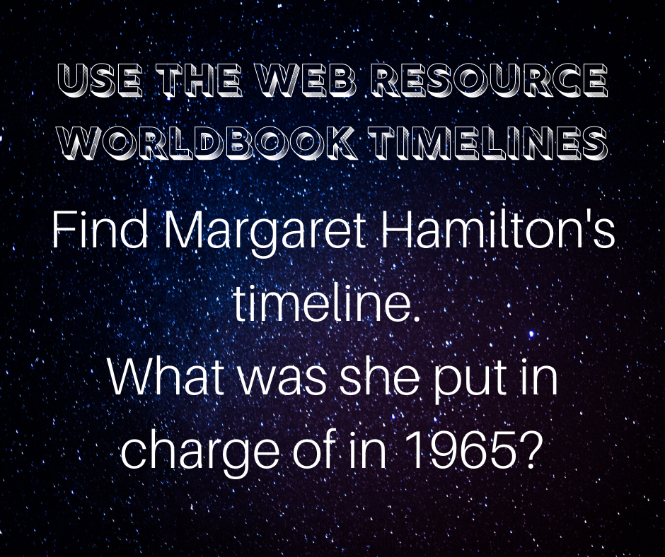 Use the web resource worldbook timelines: Find Margaret Hamilton's timeline. What was she put in charge of in 1965?