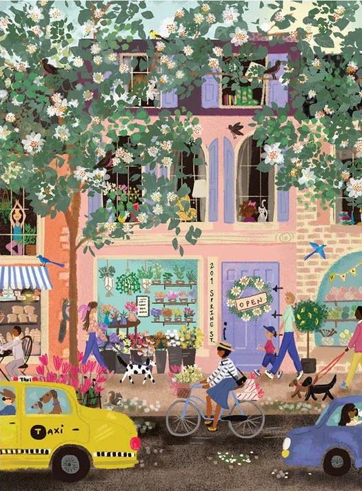 Spring Street 1000 Piece puzzle is a cheerful, fun springtime street scene featuring flowering trees and capturing everyday moments by artist Joy Laforme.