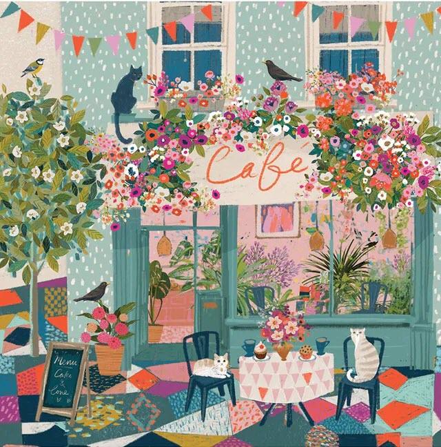 The Afternoon Tea 500 Piece Puzzle features a charming illustration by bestselling artist Victoria Ball of a street cafe decorated by blooming flowers, adorable cats, and birds.