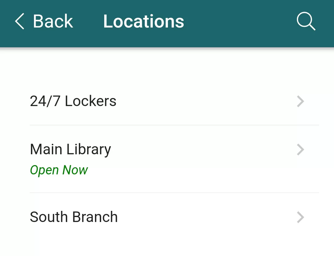 Select main branch, South branch, or 24-7 lockers for location. Screenshot.