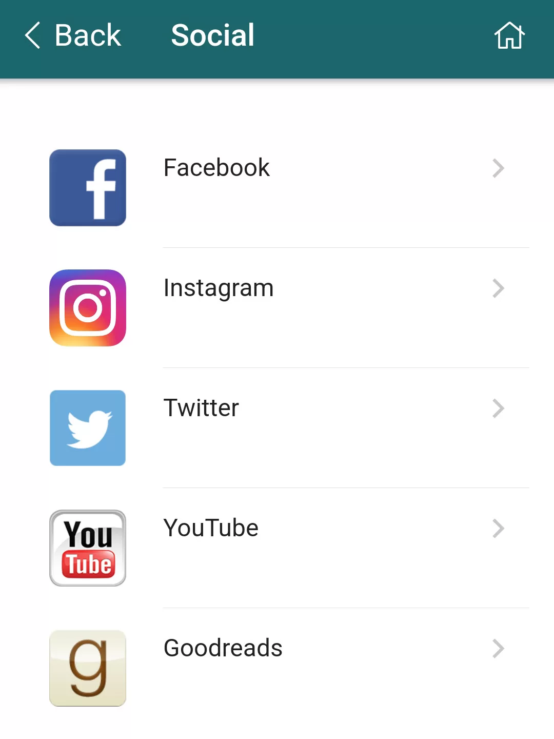 List of library social media: Facebook, Instagram, Twitter, YouTube, Goodreads. Screenshot.