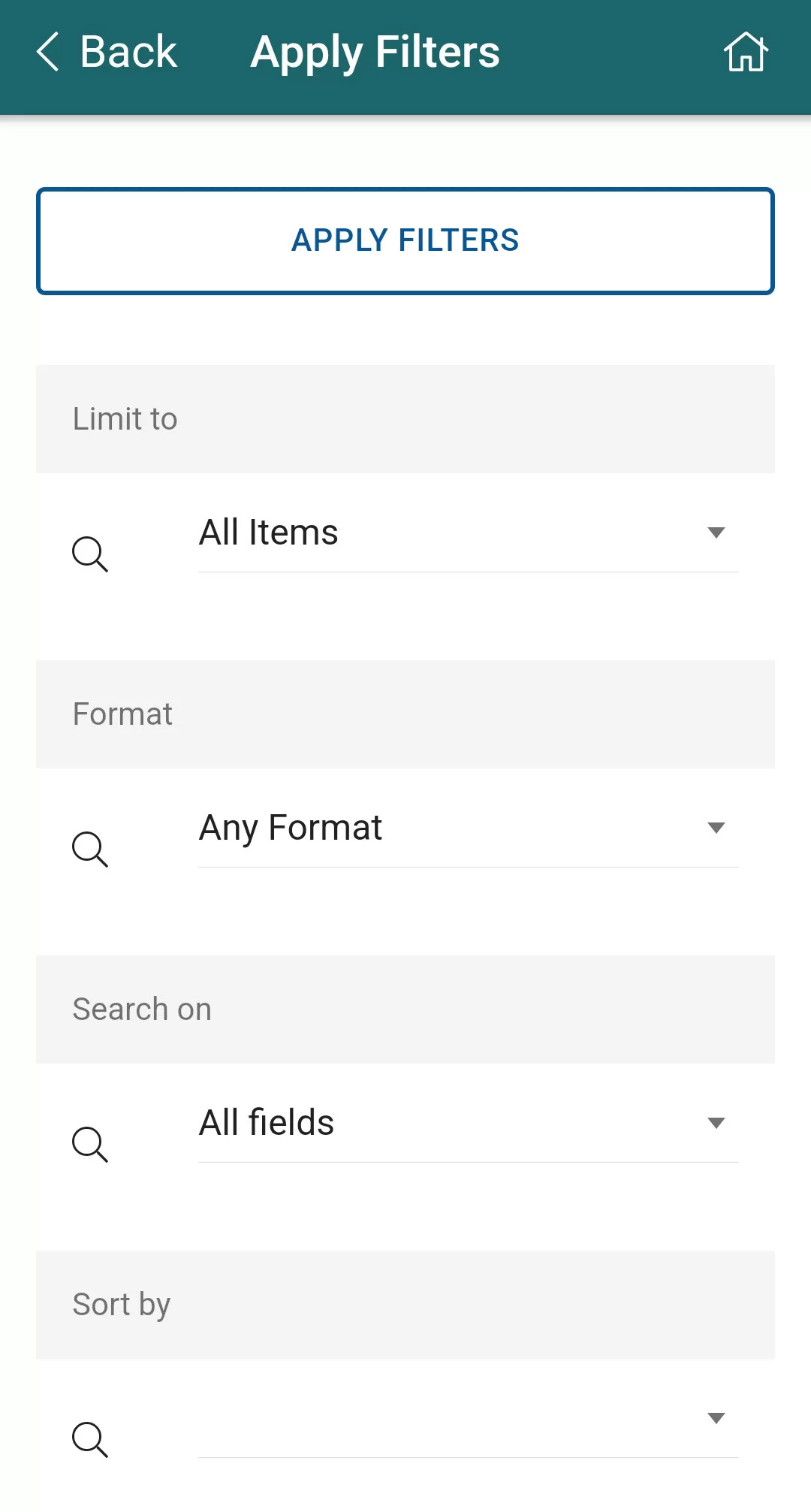 Search filter options: Limit to, format, search on, and sort by. Screenshot.