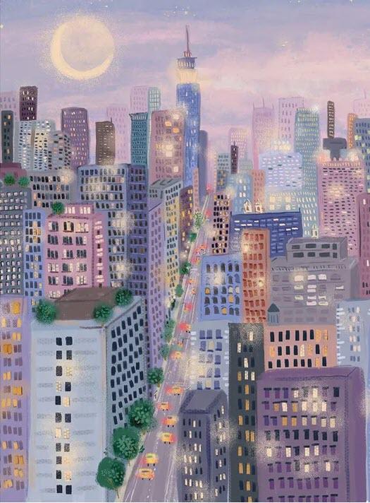 The City Lights 1000 Piece Puzzle features a lavender lit city scene at night by artist Joy Laforme.