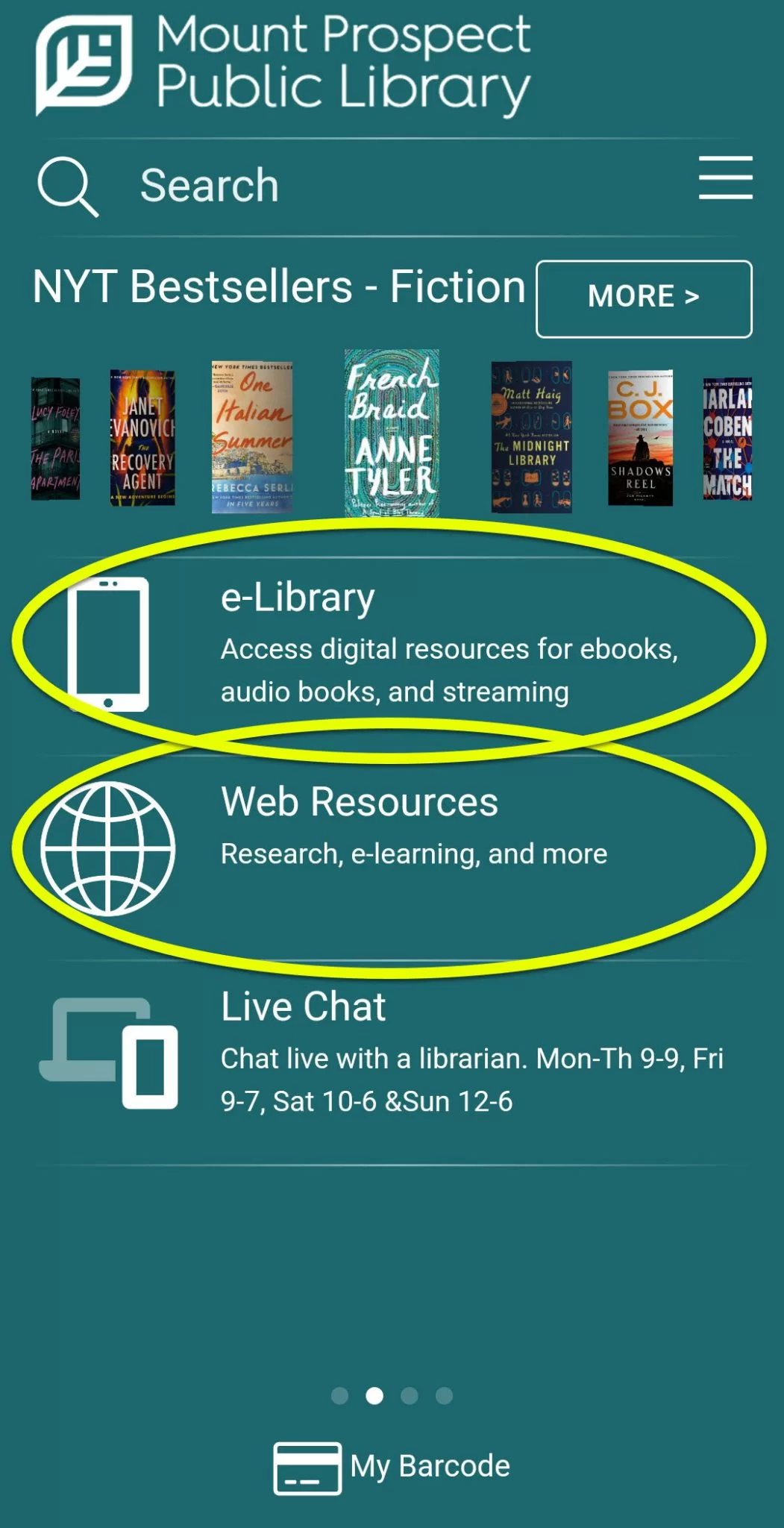 E-library and web resources highlighted on 2nd home screen. Screenshot.