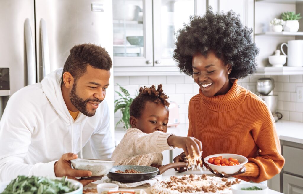 Family cooking together.