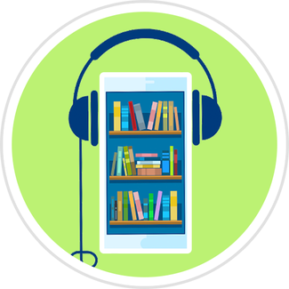 A phone with a bookshelf inside, wearing headphones. Illustration.