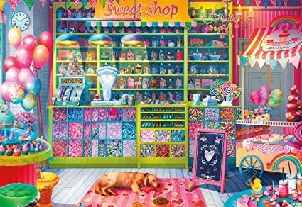 2000 piece jigsaw puzzle when completed depicts a candy shop with shelves filled with various candies and contains 10 hidden images. Poster with key of hidden images included in container.