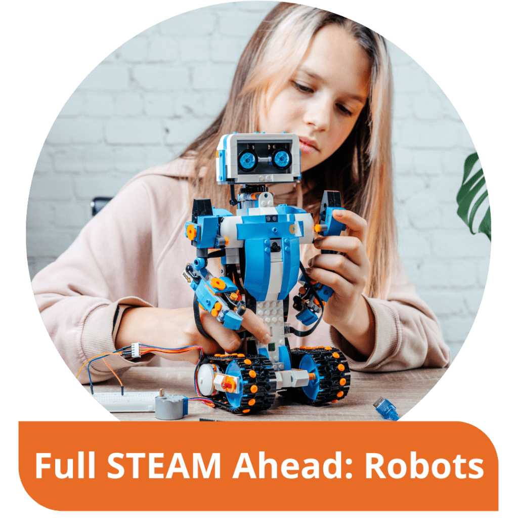 An inquisitive girl experiments with a small blue robot connected to wiring. Text reads: Full STEAM Ahead: Robots