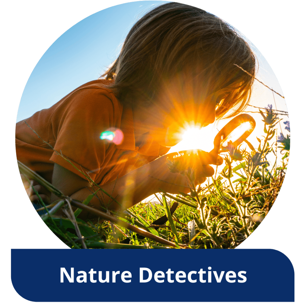 A boy holds a magnifying glass over some wildflowers. Text reads: Nature Detectives