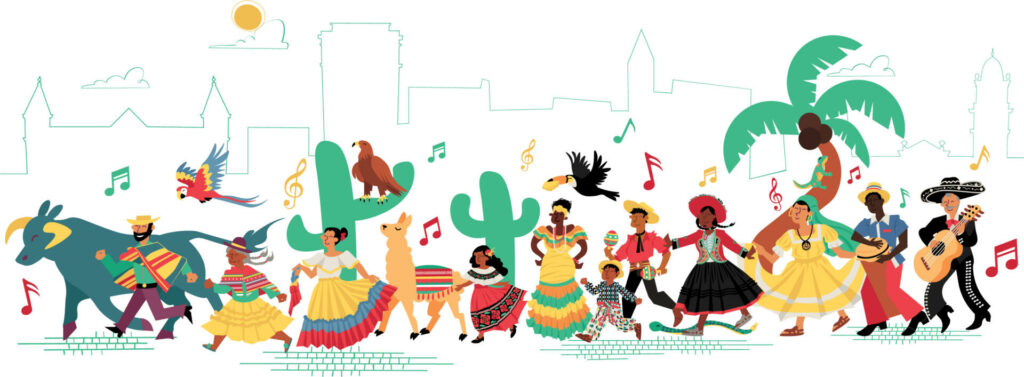 A parade of people in colorful outfits and sombreros dance to celebratory music. Illustration.