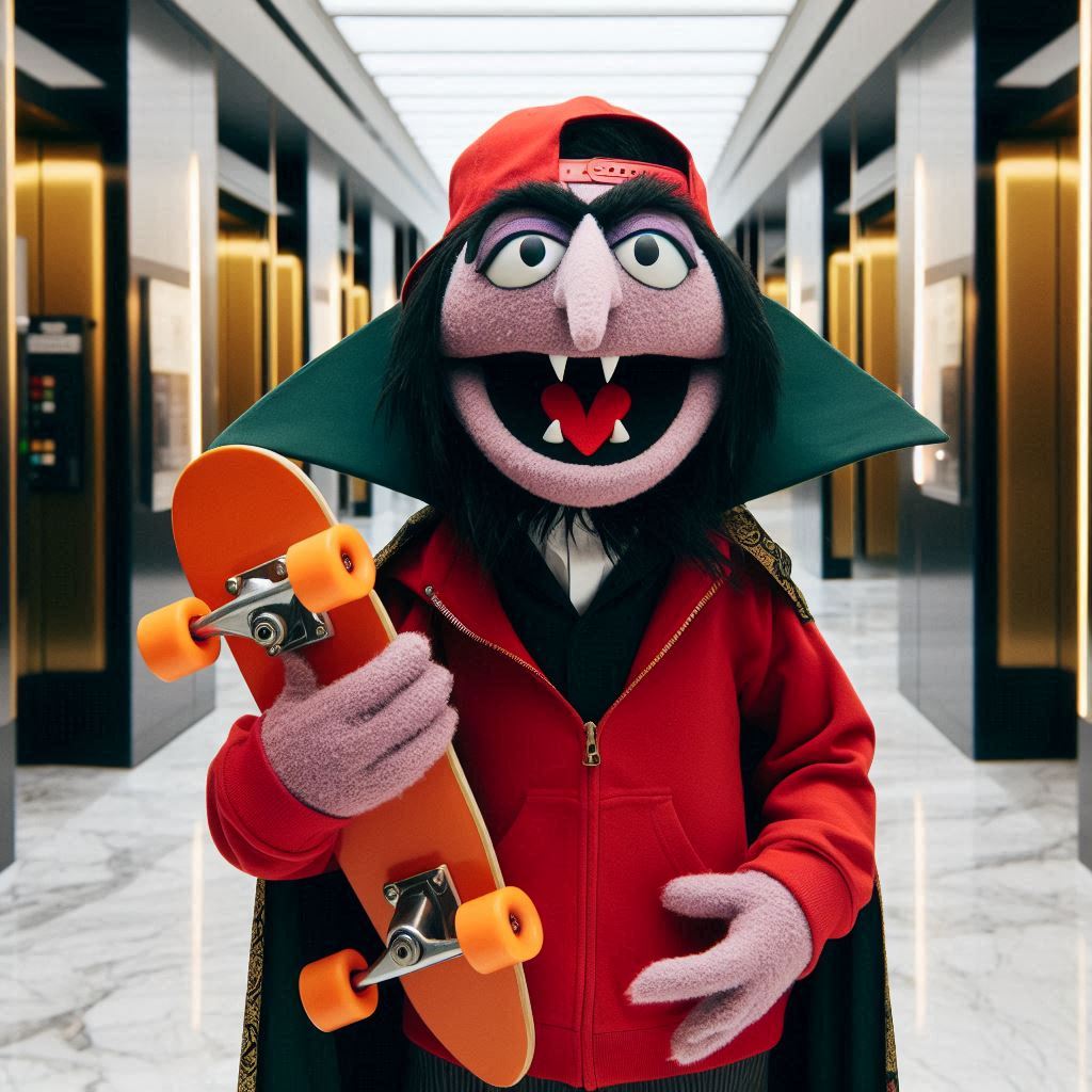 Brad
The "Count" from sesame street wearing a backwards baseball cap and holding a skateboard. 