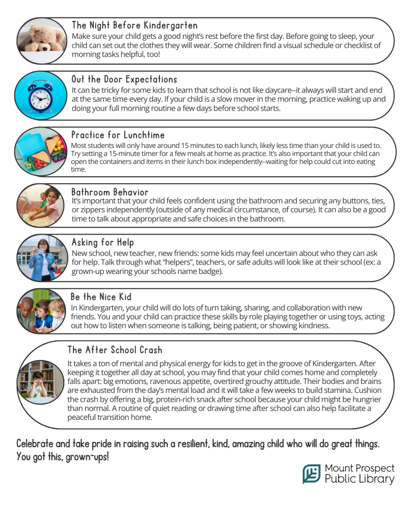 The Night Before Kindergarten: Make sure your child gets a good night's rest before the first day. Before going to sleep, your child can set out the clothes they will wear. Some children find a visual schedule or checklist of morning tasks helpful, too! Out the Door Expectations: It can be tricky for some kids to learn that school is not like daycare-it always will start and end at the same time every day. If your child is a slow mover in the morning, practice waking up and doing your full morning routine a few days before school starts. Practice for Lunchtime: Most students will only have around 15 minutes to each lunch, likely less time than your child is used to. Try setting a 15-minute timer for a few meals at home as practice. It's also important that your child can open the containers and items in their lunch box independently-waiting for help could cut into eating time. Bathroom Behavior: It's important that your child feels confident using the bathroom and securing any buttons, ties, or zippers independently (outside of any medical circumstance, of course). It can also be a good time to talk about appropriate and safe choices in the bathroom. Asking for Help: New school, new teacher, new friends: some kids may feel uncertain about who they can ask for help. Talk through what "helpers", teachers, or safe adults will look like at their school (ex: a grown-up wearing your schools name badge). Be the Nice Kid: In Kindergarten, your child will do lots of turn taking, sharing, and collaboration with new friends. You and your child can practice these skills by role playing together or using toys, acting out how to listen when someone is talking, being patient, or showing kindness. The After School Crash: It takes a ton of mental and physical energy for kids to get in the groove of Kindergarten. After keeping it together all day at school, you may find that your child comes home and completely falls apart: big emotions, ravenous appetite, overtired grouchy attitude. Their bodies and brains are exhausted from the day's mental load and it will take a few weeks to build stamina. Cushion the crash by offering a big, protein-rich snack after school because your child might be hungrier than normal. A routine of quiet reading or drawing time after school can also help facilitate a peaceful transition home. Celebrate and take pride in raising such a resilient, kind, amazing child who will do great things. You got this, grown-ups!